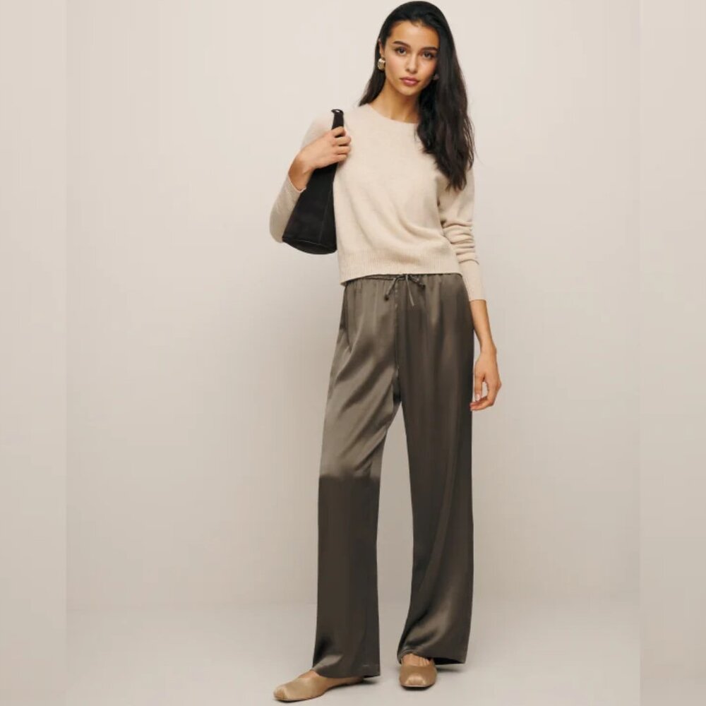 NWOT Reformation Olina Silk Pant in Morel Brown Gray Drawstring Waist